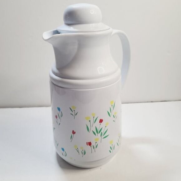 Vintage 80s Phoenix Insulated Thermal Carafate White Floral Tulip with Lid - Picture 4 of 13